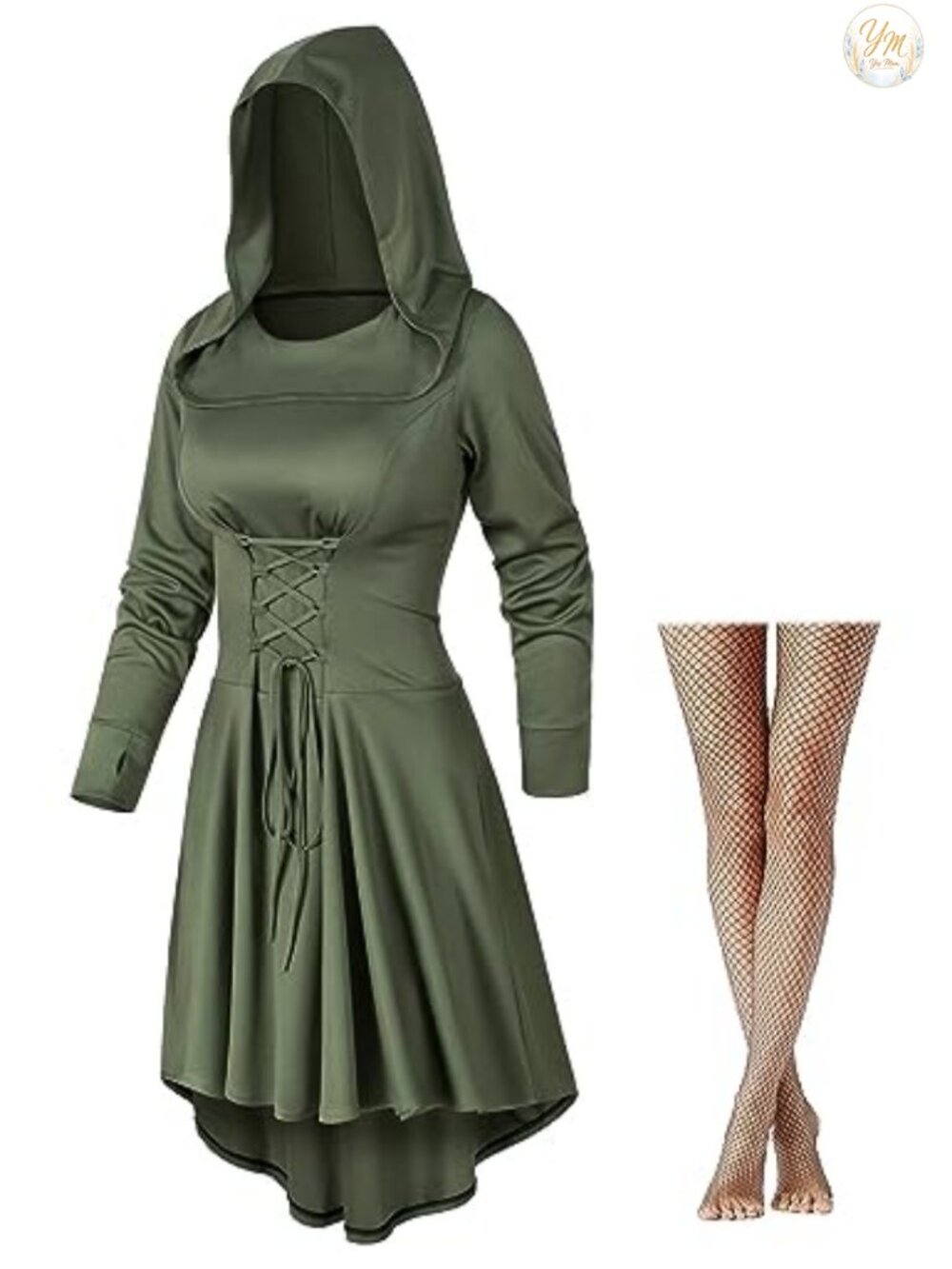 Womens Renaissance Hooded Robe Dress with Net Leggings 2 Piece Cosplay Set